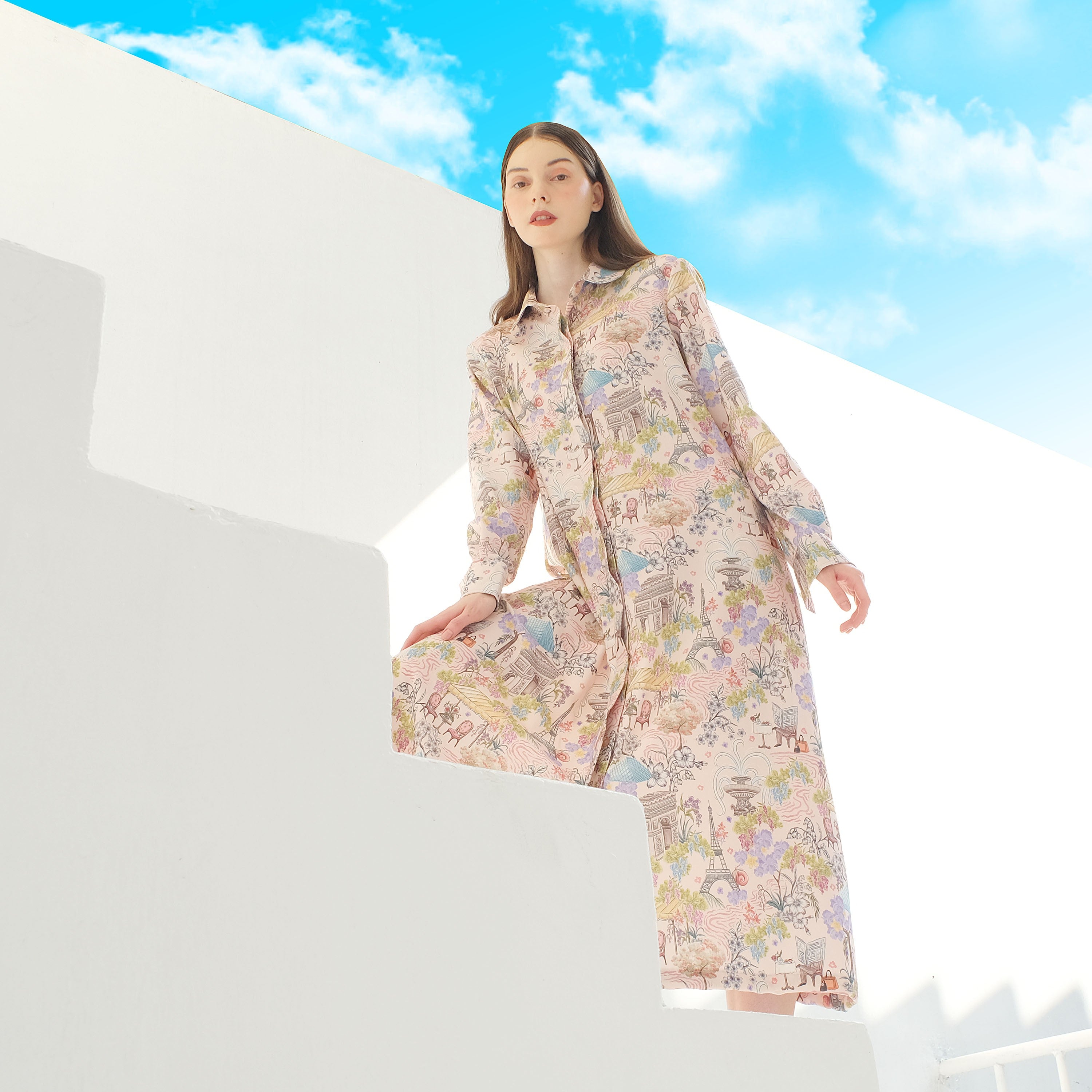 Parisienne Long Sleeve Shirt Dress (Peach)